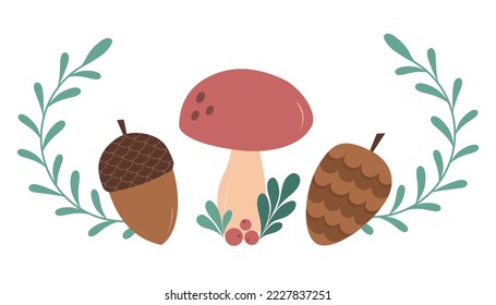 Red head mushroom with pine cone ant acorn, decorated with mistletoe and red berries