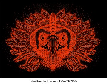 Red head of phoenix on the black background. Sketch print for t shirt and tattoo art, coloring book pages. Symbol of rebirth. Boho chic. 