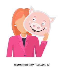 Red head woman character in pink suit with pig mask in hand vector. Flat design. Masquerade animal clothing and party costume. Psychological portrait and hidden personality. On white background