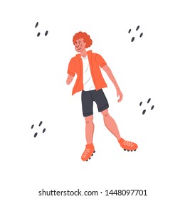 Red headed boy without arm is roller blading. Active lifestyle of disabled people concept. Vector illustration