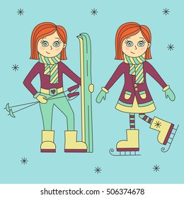 Red headed hand drawn doodle girls ski skate winter holidays