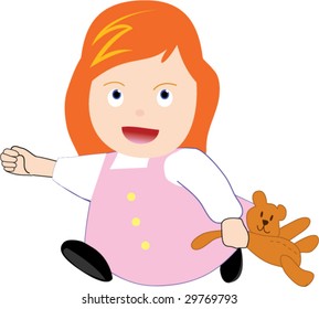 Red headed little girl running with her bear