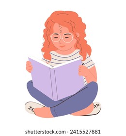 Red Headed Little Girl Sitting and Reading Book. Vector Illustration.