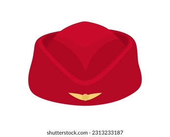 Red headgear stewardess civil aircraft in flat illustration. Classic Stewardess hat forage-cap of air hostess uniform isolated on white background. Vector illustration