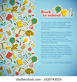 Red headline back to school background on light blue fond and randomly distributed learning objects vector illustration
