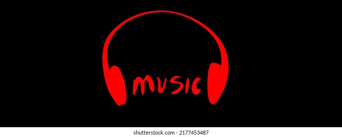 Red headphone logo vector icon.Music  calligraphic text written in between headphones 