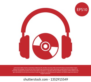 Red Headphones and CD or DVD icon isolated on white background. Earphone sign. Compact disk symbol. Vector Illustration
