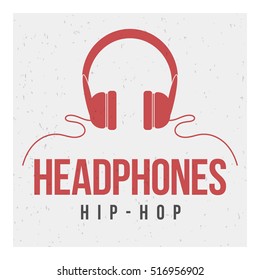 Red headphones on a gray background and the words: headphones and hip-hop. Vector image. Flat. The concept of street art. Vintage. Can be used as graffiti, prints, posters, printed materials. 