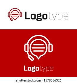 Red Headphones with speech bubble chat icon isolated on white background. Support customer service, hotline, call center, faq, maintenance. Logo design template element. Vector Illustration