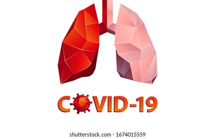 Red and healthy low poly human lungs with Covid-19 text banner. Abstract anatomy organ and coronavirus polygonal icon.
