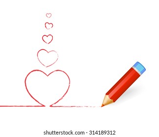 Red heards drawn with highly detailed red pencil. Sketch pencil drawing. Hand-drawn pencil banner. Vector doodles. Love, valentines day, wedding.
