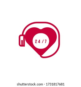 Red heart with 24/7 text vector illustration wearing headphone perfect for heart care hospital logo customer service icon