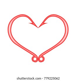 Red heart 3d icon isolated on white. Fish hooks in heart shape. The concept of love of fishing. Vector Illustration.