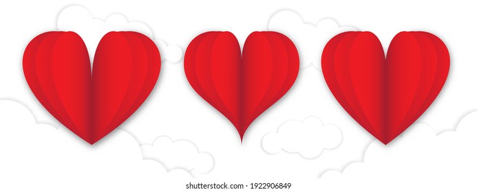 Corazón rojo 3d papercut ,nubes sobre fondo blanco.Arte de papel y estilo de artesanía digital.Diseño para Feliz Día de la Madre o San Valentín, tarjeta de saludo, decoración, boda, aniversario.Ilustración vectorial