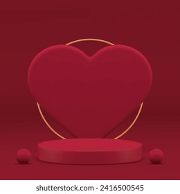 Red heart 3d podium luxury pedestal for festive holiday romantic product show realistic vector background. Premium fashion advertising display with golden elements geometric commercial stand