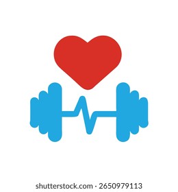 Red heart above blue barbell with heartbeat line on health concept fitness