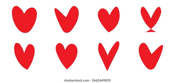 Red heart abstract art vector design. Heart collection decoration doodle handmade graphics sign. Heart doodle icon set. EPS vector illustration. Red symbol isolated on a white background. 