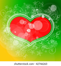 Red heart, abstract background, calligraphy flowers ornament & lens flares effect
