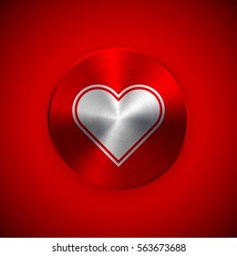 Red heart abstract circle badge, Valentines day technology button template with heart, metal texture, chrome, steel for design concepts, banners, web and prints. Vector illustration svg