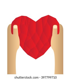 Red heart abstract as low poly on hand