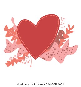 red heart and abstract plants flat simple illustration with copy space.  pink and red colors.  use it for postcards, prints, banners.  love theme concept