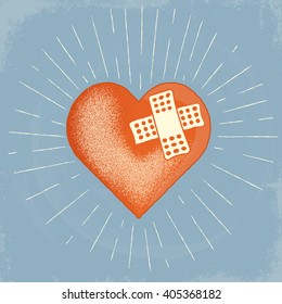 Red heart with adhesive plaster. Suitable for blog or website related to dating or relationships. Textured Illustration in hand drawn style.