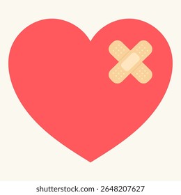 A red heart with an adhesive plaster. Symbolizes heartbreak, emotional healing, getting over a breakup, love hurts, and self care