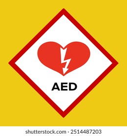 Red heart AED sign on yellow background, Automatic External Defibrillator emergency (AED) icon isolated on white, Illustration vector design