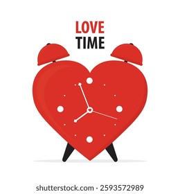 Red heart alarm clock. Wedding and valentine day concept. Тime to love with red heart. Wake up with a smile or time to date with my lover on Valentine Day. flat vector illustration