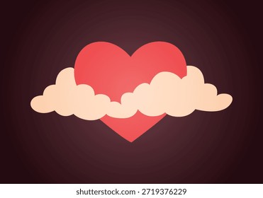 Corazón rojo entre nubes de color crema sobre un fondo degradado oscuro