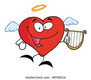 Red Heart Angel Flying With A Lyre