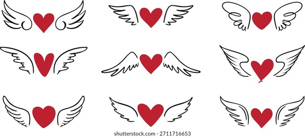 Iconos rojos del vector del corazón y del ala del ángel perfectos para los diseños románticos, de ensueño, y simbólicos. Esta colección ofrece elegantes ilustraciones de corazón alado para tarjetas, carteles y bodas. Ideal para el amor