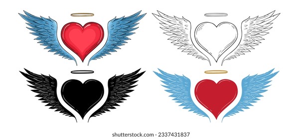 Red heart with angel wings and halo in four variants
