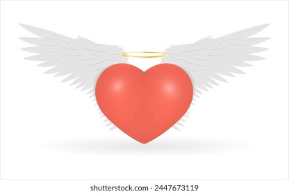 Red heart with angel wings and a halo, on a white background. Vector illustration.