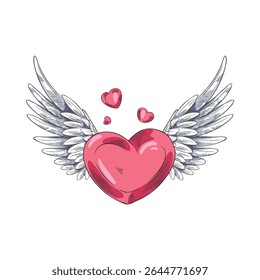 Red heart with angel wings raised up, color sketch, hand drawn. Symbol of love and romance. Tattoo, sticker. Valentine's Day. Vintage engraved style. Vector illustration. Isolated background.