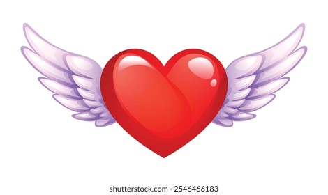 Red heart with angel wings, symbolizing love and freedom. Vector cartoon illustration