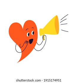 The red heart announces through the yellow loudspeaker. A cute cartoon character in the form of a heart with a face speaks into a bullhorn. Vector doodle illustration isolated on white background.