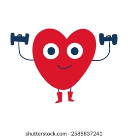 Red heart with arms and legs holding dumbbells, working out with determination. Isolated on a white background in flat-style vector illustration