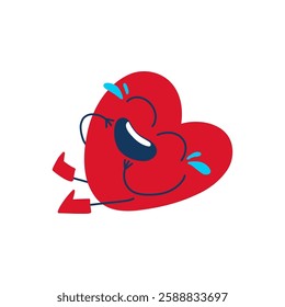 Red heart with arms and legs laughing joyfully, showing a big smile. Isolated on a white background in flat-style vector illustration.