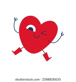 Red heart with arms and legs winking playfully, with a cheeky expression. Isolated on a white background in flat-style vector illustration.