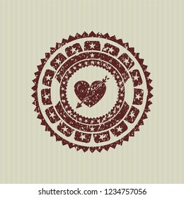 Red heart with arrow icon inside distress grunge stamp