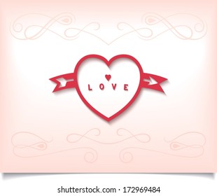 Red heart with arrow and pattern of curlicues on tender background. Vector eps10