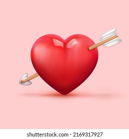 Red heart and arrow. Realistic 3d design icon heart symbol love. 3d Vector illustration