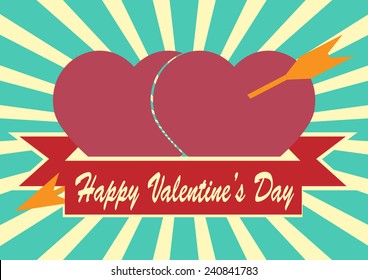 Red heart with arrow and ribbon on Sun rays Illustration with Valentine's Day concept,Vector illustration