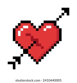 Red Heart with arrow shot through it, Icon. Represent relationship, romance, and love For Valentine's Day. Pixel 8 bit style