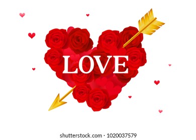 Red heart with arrow vector illustration, Love and Roses in heart shape arrangement, Wedding and Valentine's Day Decoration.