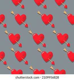 Red heart and arrow. Vector pattern in a flat style. Simple seamless pattern. Valentine's Day background.