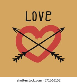 Red heart with arrows hand drawn vector illustration. Valentine's Day icons.  