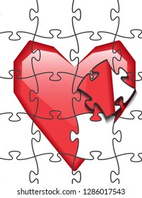 Red heart assembled from puzzle pieces isolated on white background. Love, marriage and charity concept. Flat design.