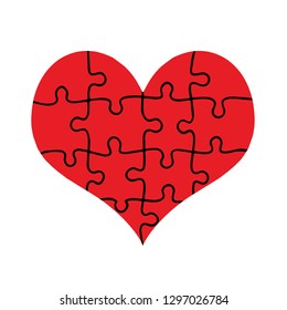 Red Heart Assembled of Puzzle Pieces Isolated on White Background. Love, Marriage, Charity. Flat Design. Jigsaw with All Pieces Put Together Forming Big Red Heart Shape. Vector Illustration.